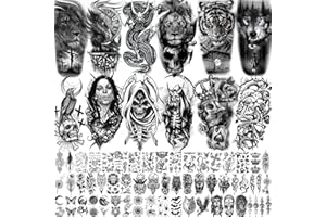 LAROI 66 Sheets Black Dragon Eagle Halloween Temporary Tattoos For Men Women Thigh, Vampire Tiger Lion Scary Devil Skull Fake Tattoos For Adults, 3D Wolf Large Half Arm Sleeve Realistic Tattoo Forearm Demon