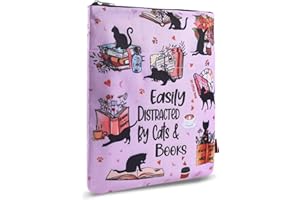 LPARKIN Custodia protettiva per libri con cerniera, dimensioni: 28 x 21,9 cm, in tessuto lavabile, motivo Easily Distracted by Cats and Books