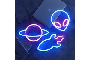 NELUX Pack de 3 Planète, Alien et Fusée - Néon LED Mural, Lampe Neon Gaming Chambre Decoration, Enseigne Lumineuse Setup Gamer. Connexion batterie ou USB