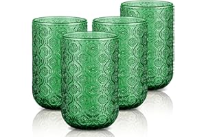 Joeyan 410ml Vasos de Cristal agua Vintage, Juego de 4 Verde Oscuro Vasos de Vidrio Grandes con Relieve Floral, Decoración Colores Cristalería para Café,Té,Zumo,Leche,Cócteles, Apto Lavavajillas