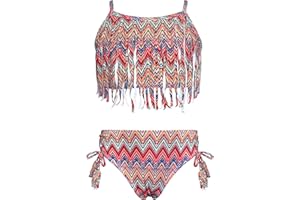 SHEKINI Costume da Bagno per Ragazze Due Pezzi Stampa Estivo Chic Nappe Decorazione Bikini Ragazza Tankini Set per 6-14 Anni