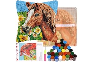 ALONGEN Knüpfhaken Kissen Kits Latch Hook Kissen Set für Kinder oder Anfänger Erwachsene DIY Latch Haken Kissenbezug Teppich Stickerei Set DIY Knüpfteppich Knüpfpackung für Home Sofa Dekor 43x43cm(Pferd)