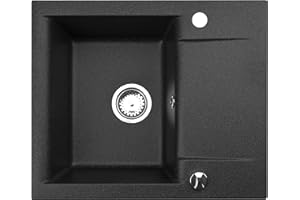 Manestein Spülbecken, Küchenspüle aus Granit, Einbauspüle, Abtropffläche,Einzelbecken mit Siphon, Fleckenbeständig und Pflegeleicht, 80% Quarzsand, 1 Becken, 59 x 44 cm, Schwarz
