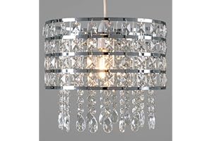 Giggi Chrome Ceiling Light Shade Cylinder Shape with Clear Acrylic Crystals 26cm x 30cm, Lampshades for Ceiling Lights & Floor Lamps, Lamp Shades for Bedroom, Living Room, Kitchen, Hallway