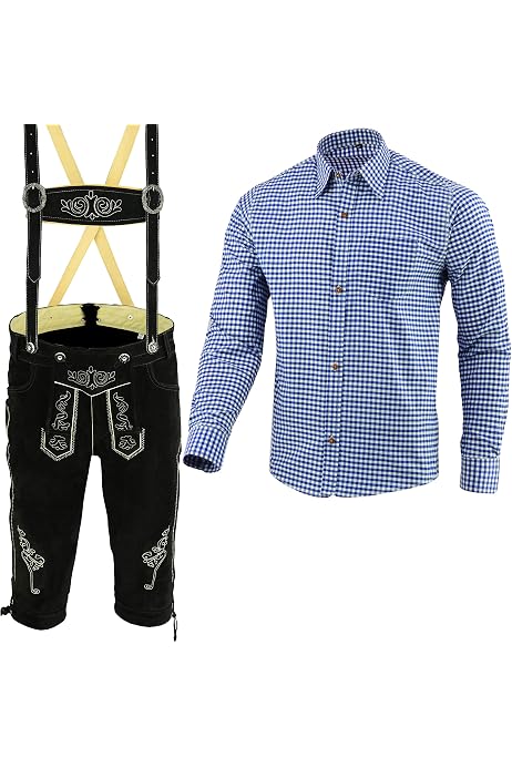 Trachten-Set Für Herren – Kurze Lederhose + Trachtenhemd + Hosenträger (blau-weiß Oder Rot-weiß)