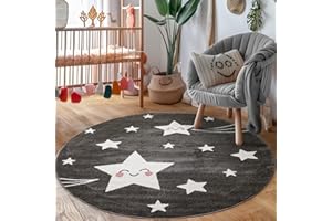 ‎CARPETTEX TEPPICH Carpettex Kinderteppich süße Stern Design Grau 120 cm Rund - Kurzflor Teppich Kinderzimmer für Mädchen und Jungen Pflegeleicht Weich - Waschbarer Spielteppich Babyteppich Gaming Teppich Babyzimmer
