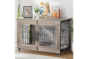 GIKPAL Hundebox für Zuhause mit Kissen, Hundehütte Hundehaus für Drinnen mit Doppeltüren und Rädern, Moderne Hundehaus für Mittlere, Große Hunde bis zu 70 lb, 98x64x68cm, Grau