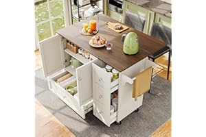 Huayz Küchenwagen, Kücheninsel, Servierwagen mit Arbeitsplatte klappbar, Küchenschrank, Buffetschrank mit Gewürzregal, Esswagen Anrichte mit Rollen und Verstellbare Trennwände,128x40x92.5 cm