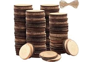 Kurtzy 100 Pack Unfinished Natural Wood Slices - 3-5cm Diameter & 5mm Thick - Predrilled Holes & 20m of Jute Twine - Small Rustic Circle Wooden Discs with Bark - Log Slices for Crafts & Decoration