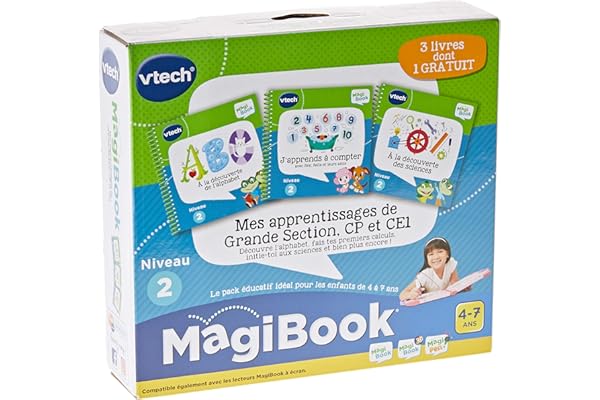 VTech - MagiBook, Pack 3 Livres Éducatifs Niveau 2 Mes Apprentissages de Grande Section, CP et CE1, Pages Illustrées et Interactives, Cadeau Garçon et Fille de 4 Ans à 7 Ans - Contenu en Français