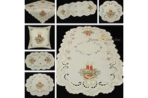 Quinnyshop Weihnachten Creme Rot Gold Leinen-Optik Tischläufer Tischdecke Kissenhülle - Größe wählbar (ca. 35 x 70 cm Oval)