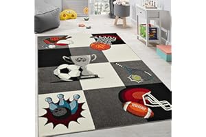 Paco Home Children'S Rug Trophy Basketball Football Children Rug Tennis Check Grey Cream, Size:80x150 cm