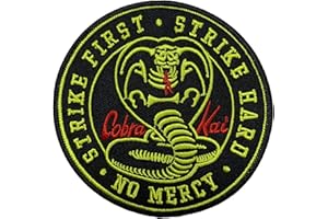 Gemelolandia | Écusson Cobra Kai Round Strike First Strike Hard No Mercy 9 cm | Très Adhérent | Patch Stickers Pour Décorer Vos Vêtements | Facile À Mettre Sur Vos Vêtements