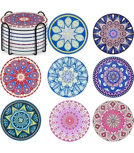 Kexpery Set di 8 sottobicchieri rotondi per pittura a diamante con supporto, kit di pittura a diamante, per adulti e bambini, regalo per principianti (HBD1007