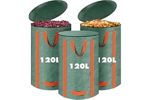 LUOJINYI 3 sacchi per rifiuti da giardino da 120 l, stabili, autoportanti, con coperchio e manici, riutilizzabili, per tagliare foglie, prato, rifiuti da giardino