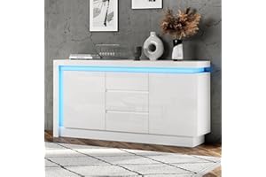 ‎MERAX Merax Sideboard Hochglanz Weiß mit LED, Kommode mit 2 Türen und 3 Schubladen, Anrichte Buffetschrank Mehrzweckschrank mit viel Stauraum, Beistellschrank Flurschrank für Wohnzimmer, Esszimmer, 140cm