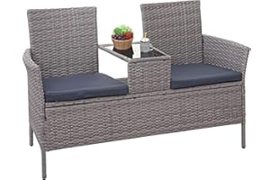 ‎MENDLER Mendler Poly-Rattan Sitzbank mit Tisch HWC-E24, Gartenbank Sitzgruppe Gartensofa, 132cm - grau, Kissen dunkelgrau
