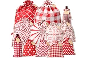 POPGIFTU Lot de 12 Sacs Cadeau en Coton avec Cordon, Couleur Rouge Rétro Patterns Design, Pochon Cadeau Reutilisable Sac en Coton Pochette Toile pour Emballage cadeau pour anniversaire, Noel, Mariage