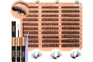 JIMIRE 300Pcs Eyelash Extension Kit Fluffy 60D+80D+100D Cluster Lashes Kit with Bond and Seal Lash Glue Natural Individual Eyelashes 10-18MM Lashes Individual Cluster Kit
