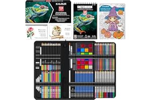 KALOUR Juego de Dibujo de 135 Piezas, Kit de Bocetos, Suministros de Arte con Cuaderno de Bocetos de 3 Colores y Papel para Colorear, Incluye Tutorial, Lápices a Base de Aceite, Neón, Carbón, Acuarela