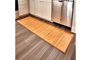 iDesign Alfombra antideslizante, alfombra de madera de bambú extralarga, alfombrilla de baño, cocina y pasillo repelente al agua, marrón claro