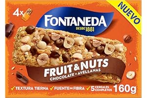 Fontaneda Barritas de 5 Cereales Completos con Avellanas y Pepitas de Chocolate, Sin Colorantes Ni Conservantes, Fuente natural de Fibra y Magnesio 160g