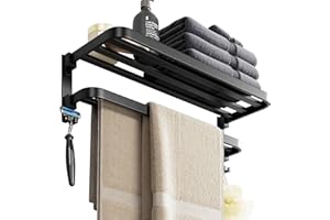 HASA ZONE 2 Tier Towel Rail Wall Mounted, Bathroom Towel Holder, Foldable Black Aluminium Towel Rail with Hooks, Drill/Self Adhesive Towel Rack for Bathroom Kitchen Toilet 60CM