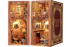 Fsolis DIY Book Nook Kit,Casa delle Bambole con Mobili in Legno e Luci LED,Puzzle in Legno 3D,Kit di Decorazione della Libreria,Kit di Costruzione di Modelli,Booknook Regalo Creativo