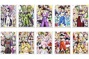 DKORARTE Set 10 cuadros base madera, Anime Japones, Goku, Vegeta, con colgadores metalicos, (29 x 20 cm cada cuadro)