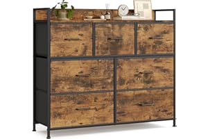 SONGMICS Commode, Armoire, Meuble de Rangement, 7 Tiroirs en Tissu avec Poignées, Cadre en Métal, Style Moderne, Marron Rustique et Noir d'Encre LTS137B01