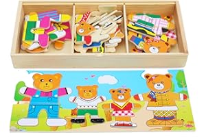 TOYS OF WOOD OXFORD TOWO Wooden Bear Family Dress up Puzzle Box - Sorting and Matching Jigsaw Puzzle - Wooden Sorting Toys for 3 year old - Wooden Puzzles for 3 years old girls