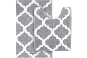 ‎HOMAXY Homaxy rutschfest Badematten Set 2 teilig Weich Hochflor Bad WC Badezimmerteppich Mikrofaser Badvorleger Set 2teilig -Grau