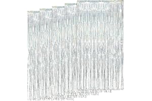 AIBAOBAO Metallic Tinsel Foil Fringe Curtains, 5pcs 3ft x 6.6ft Glitter Curtains, Photo Booth Props Backdrop Curtain for Door Decorations Hanging, Birthday, Wedding, Hen Party, Christmas, Xmas (Laser Silver)