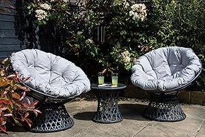 Signature Homes and Gardens SH&G Rattan Swivel Chair 2 Seat Set | 360 Papasan Moon Chairs | Grey Rattan with Grey Cushions | Indoor & Outdoor
