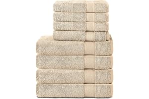 Komfortec Lot de 8 Serviettes 100% Coton 470 g/m², 4 Serviette de Bain 70x140 cm et 4 Essuie-Mains 50x100 cm, éponge Douce, Grande Taille, Beige