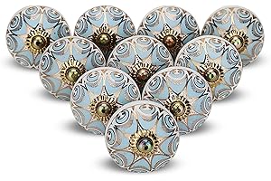 FURNISHFUL FINESSE Blau Keramikknöpfe für Küchenschrank-knauf, Vintage-Stil, Schubladen- und Kommodengriffe, Kleiderschrank, Boho-Raumdekoration, Möbelbeschläge, Türkis Blau Türknöpfe - 6 Stück