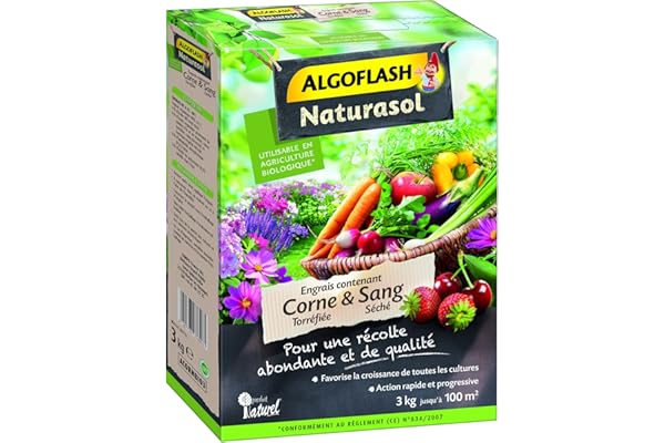 ALGOFLASH NATURASOL Engrais contenant de la Corne torréfiée et Sang Séché, Jusqu'à 100m², 3 kg, ACORNBIO3, Vert
