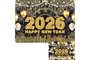 BINQOO 2026 New Year Eve Backdrop Black Gold Happy New Year Photo Background City Night Scene Countdown Cheer to 2026 Party Decorations Banner Booth Props (gold, 7x5FT(82x59 inch))