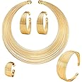 5 Pcs African National Statement Necklace, Women Bib Choker, Women Open Cuff Bracelet African Fashion Chunky Costume Jewelry Set Hoop Earrings, Women Rings Gold Bib Choker Statement Necklaces Jewelry