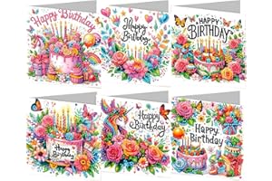 CAYUDEN 5D Diamant Peinture Carte Anniversaire, 6pcs DIY Diamond Painting Cartes Postales Enveloppe, Carte D'anniversaire Gâteau de Fleurs Joyeux Anniversaireavec pour Femme, Amis, Famille, Amoureux