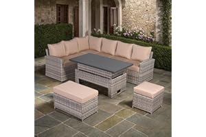 Club Rattan Ashley Range High Back LHF Rattan Garden Sofa Set with Rising Table, 9 Seater Outdoor Furniture Rattan Corner Sofa, Corner Garden Furniture Sets in Beige grey Rattan