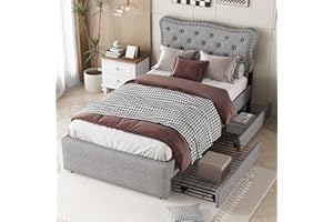 Becag Kinderbett Einzelbett 90x200, Polsterbett mit 2 Schubladen Stauraum, Bettgestell mit Lattenrost, Stauraumbett Rückenlehne Bett Jugendbett Gästebett, Ohne Matratze, Leinen (Grau-A)