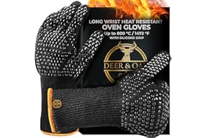 Deer & Oak Long Wrist Heat Resistant Non Slip Oven Mitts - Up to 800°C / 1472°F Heatproof BBQ Gloves with Silicone Grip, Oven Gloves for Grilling, Cooking, Baking