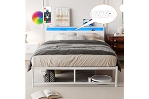 BEXEVUE 4ft6 Metal Bed Frame with Outlets LED Strip - Simple Double Vintage Iron Platform Bed, Storage Ergonomic Headboard, Modern Design High Footboard for Adult Large Space Living Room Bedroom Home