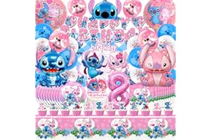 AWOUSUE Addobbi Stitc Compleanno Bambina 8 Anni, Palloncini Compleanno Stitc 8 Anni, Stitc Stoviglie Per Feste, Sfondo Stitc Compleanno Bambina, Kit Festa Compleanno Stitc 8 Anni Rosa