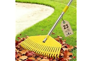 OLLIDOT Garden Rake, Extra Wide 42 cm Leaf Rake, Lightweight Long Handle for Women Seniors Kids Effortless Clean-Up, 23 Flexible Tines for Lawn-Friendly, 165 cm Adjustable Plastic Rakes for Garden, Yellow