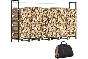 Outsunny Legnaia da Esterno in Acciaio, Portalegna da Esterno con Borsa Portalegna da Trasporto, Struttura Regolabile e Catene in Metallo, Porta Legna Rialzato, 0.8m³, 235x31x116 cm, Nero