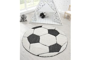 the carpet Lou - Tappeto morbido per bambini, morbido, facile da pulire, resistente al colore, per esterni, effetto 3D, motivo calcio, 80 cm, colore: Nero