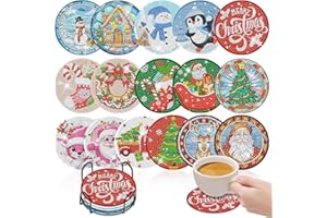 SUNXBUK 16 Stück Diamond Painting Untersetzer Weihnachten mit Halter,Diamant Tassenuntersetzer,Diy Winter Untersetzer,Rutschfest,für Anfänger, Erwachsene&Kinder-A