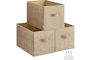 SONGMICS Scatole Portaoggetti Pieghevoli, Set di 3 Contenitori, 50 x 30 x 30 cm, Organizzatori per Armadio, 2 Maniglie, Portaetichette, per Camera da Letto Soggiorno, Beige Sabbia ROB450K01